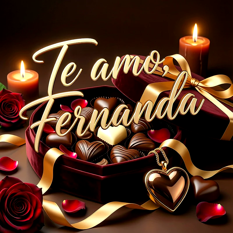 Imagen romántica con caja de bombones de corazón, rosas rojas, velas y la frase Te amo Fernanda en letras doradas brillantes.