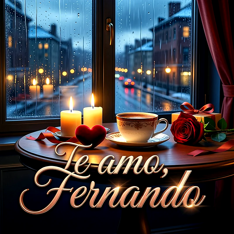 Imagen romántica con velas encendidas, taza de café y rosa roja junto a una ventana con lluvia, con la frase Te amo Fernando.
