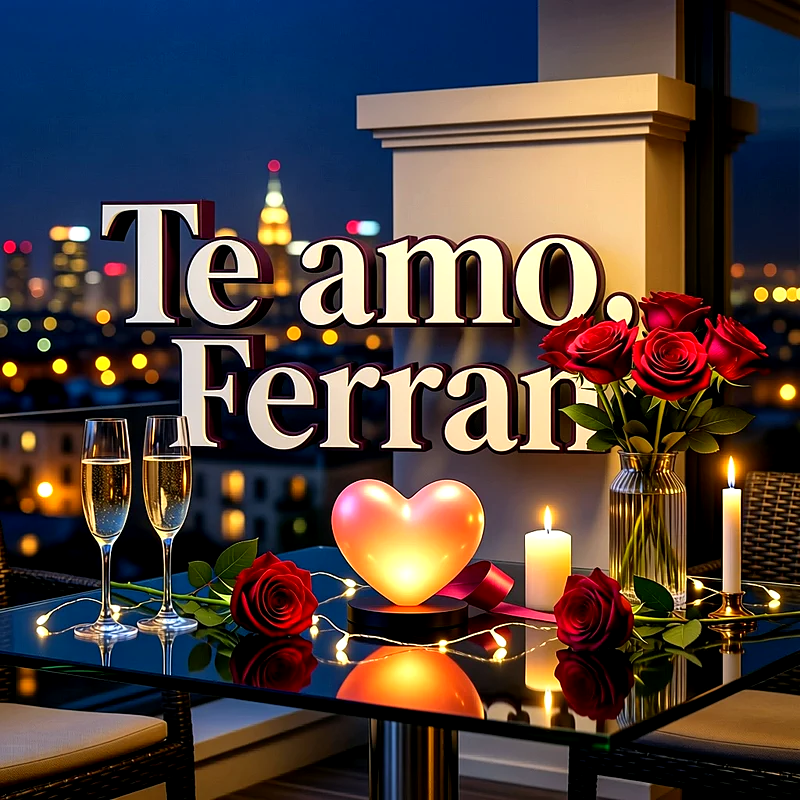 Cena romántica nocturna en terraza con rosas rojas, velas encendidas, copas y corazón luminoso con el texto Te amo Ferran.