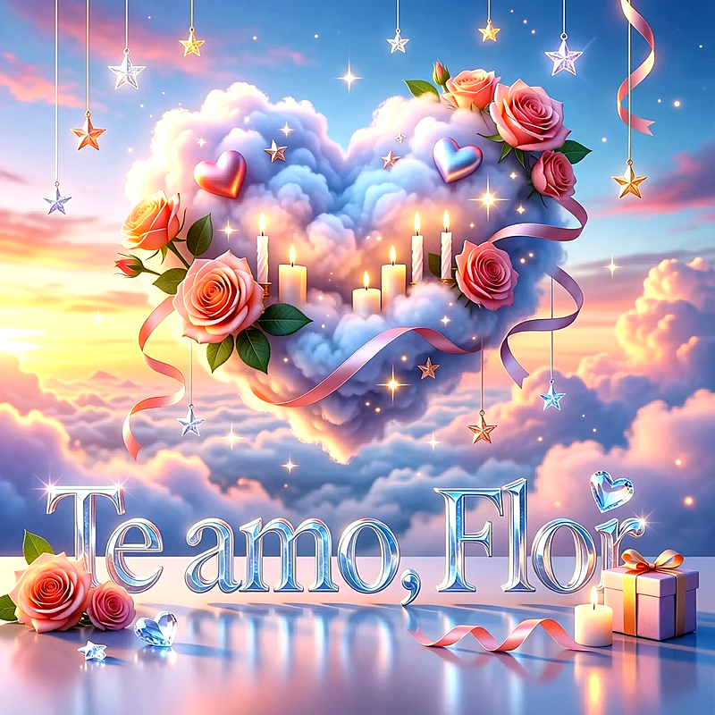 Imagen romántica con nubes en forma de corazón, rosas rosadas, velas encendidas, estrellas colgantes y la frase Te amo, Flor en letras de cristal.