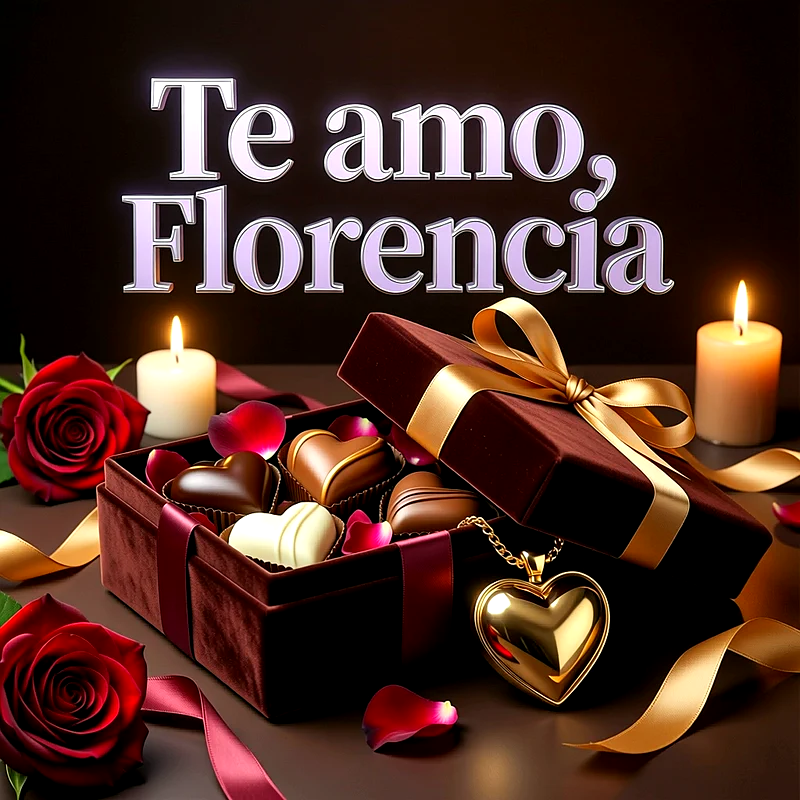 Caja de bombones con forma de corazón, rosas rojas, velas encendidas y dije dorado, con la frase Te amo, Florencia escrita arriba.