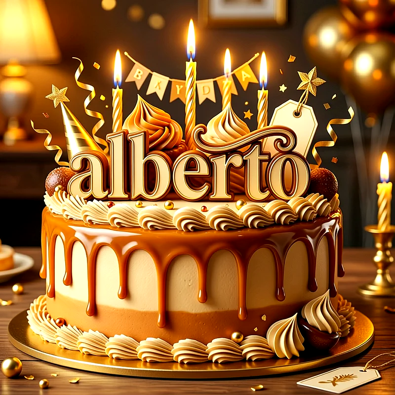 Tarta de cumpleaños dorada con caramelo, merengue y velas encendidas, con el nombre Alberto escrito en relieve al frente.