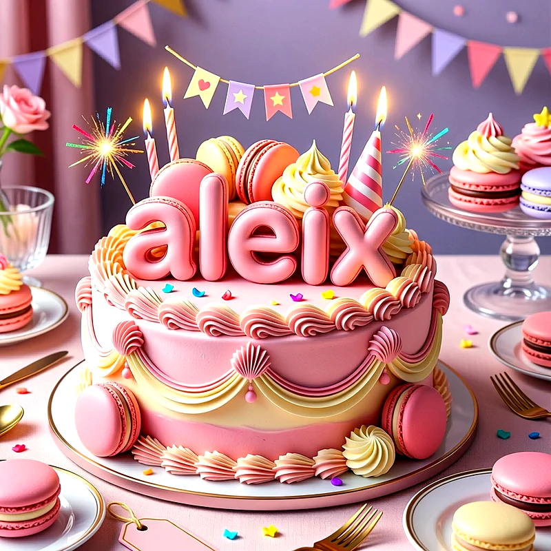 Tarta de cumpleaños rosa decorada con macarons, velas encendidas, bengalas y el nombre Aleix en letras grandes de color rosa.