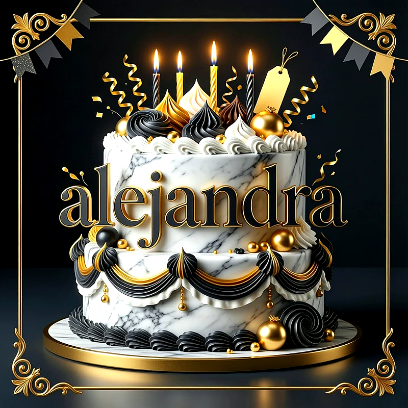 Tarta de cumpleaños de dos pisos efecto mármol blanco y negro con velas doradas y el nombre Alejandra al frente.