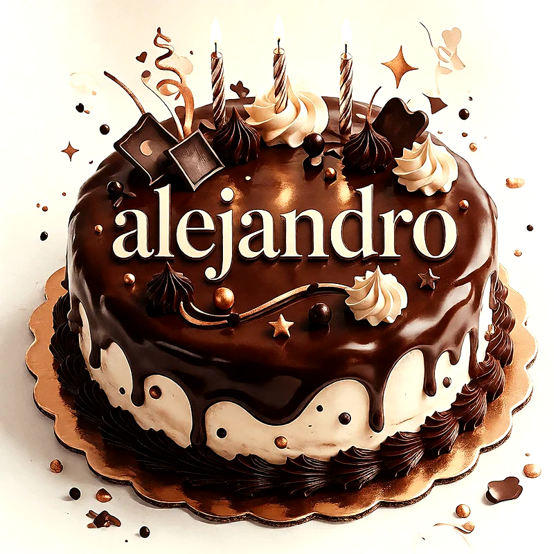 Tarta de cumpleaños de chocolate con velas encendidas, merengues y el nombre Alejandro escrito al frente en letras claras.