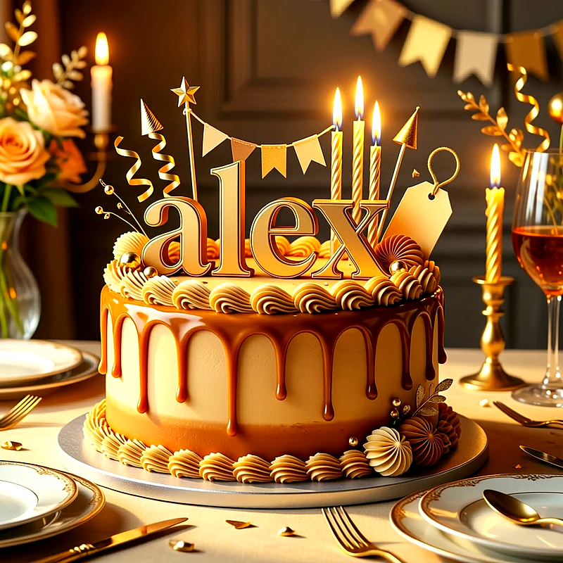 Tarta de cumpleaños dorada con cobertura de caramelo, velas encendidas y el nombre Alex en grandes letras doradas sobre la parte superior.
