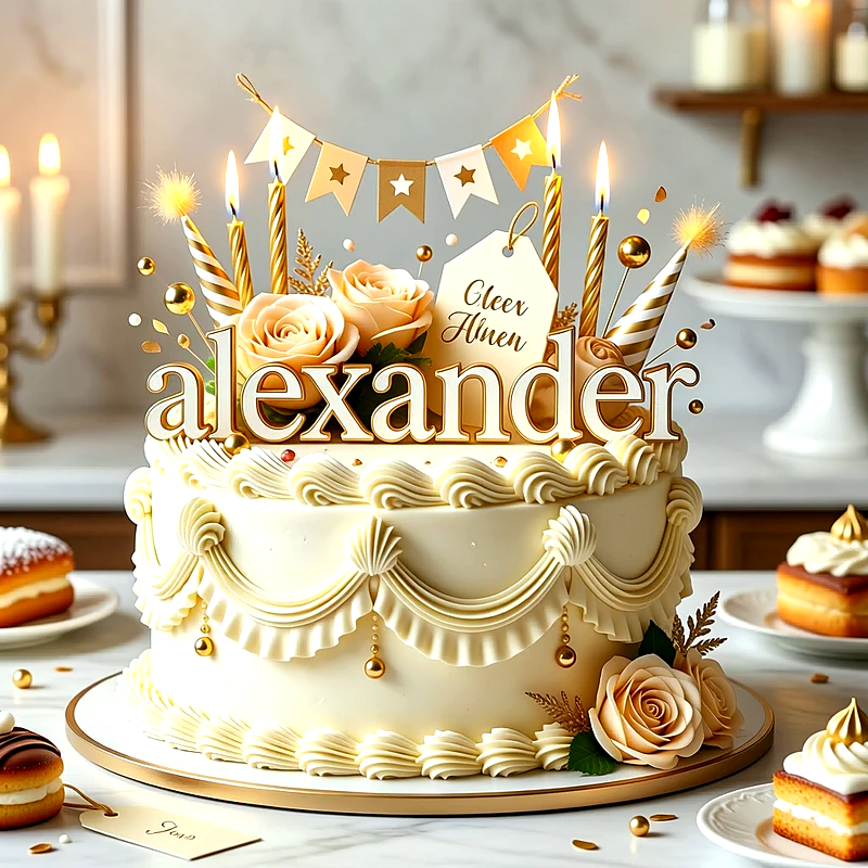 Tarta de cumpleaños blanca decorada con rosas en tono crema, velas doradas encendidas y el nombre Alexander en el centro.