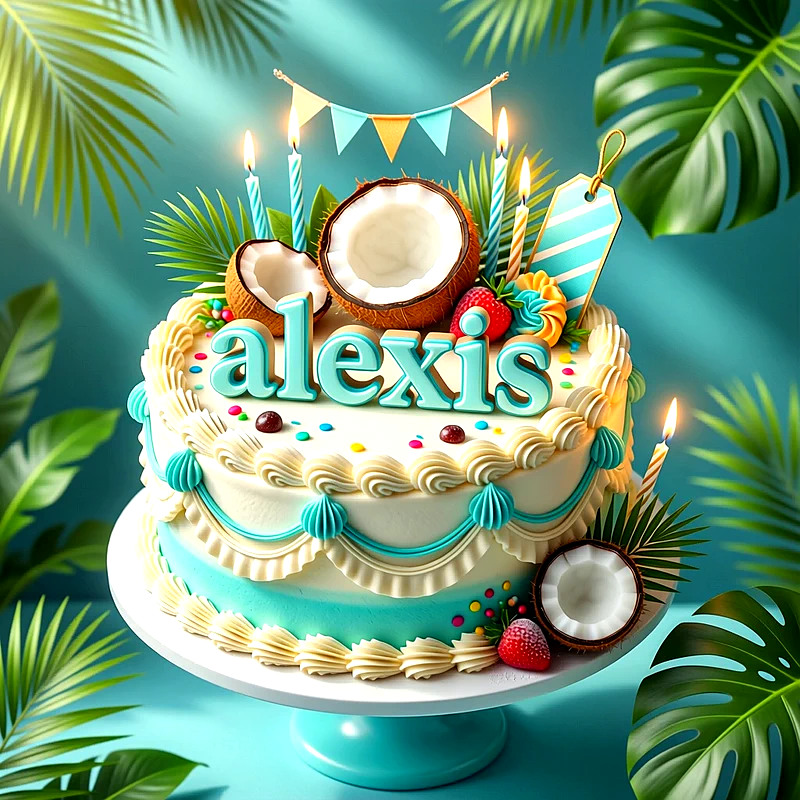 Tarta de cumpleaños blanca y azul decorada con cocos, velas encendidas, fresas y el nombre Alexis en letras celestes.