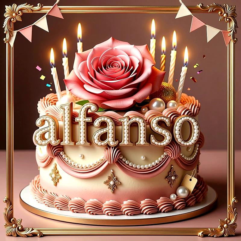 Tarta de cumpleaños rosa y crema decorada con una gran flor, perlas, velas encendidas y el nombre Alfonso en relieve dorado.