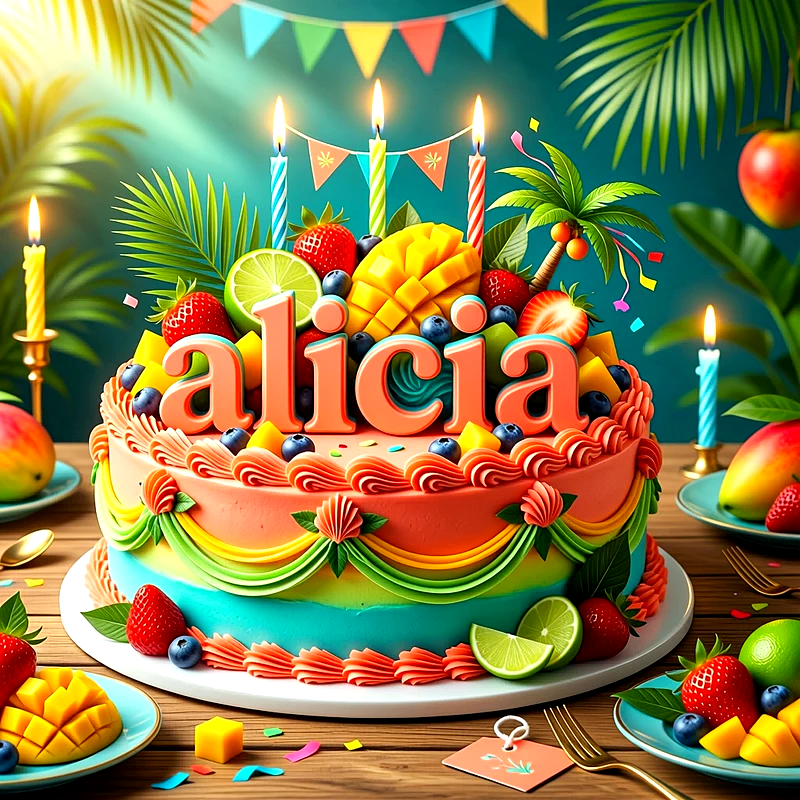 Tarta de cumpleaños de dos pisos con frutas frescas como fresas, mangos y limones, velas de colores y el nombre Alicia escrito en letras grandes de naranja.