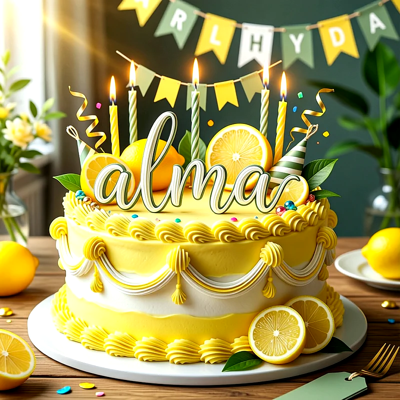 Tarta de cumpleaños amarilla y blanca decorada con rodajas de limón, velas encendidas y el nombre Alma al frente.