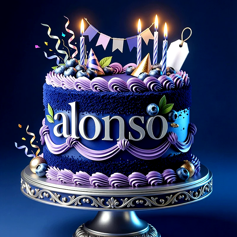 Tarta de cumpleaños azul y lila con arándanos y velas encendidas, con el nombre Alonso escrito al frente en letras plateadas.