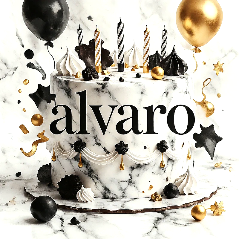 Tarta de cumpleaños con diseño de mármol blanco y negro, decorada con velas de rayas, merengues, bombones y estrellas doradas, con el nombre Alvaro escrito en grande al frente.