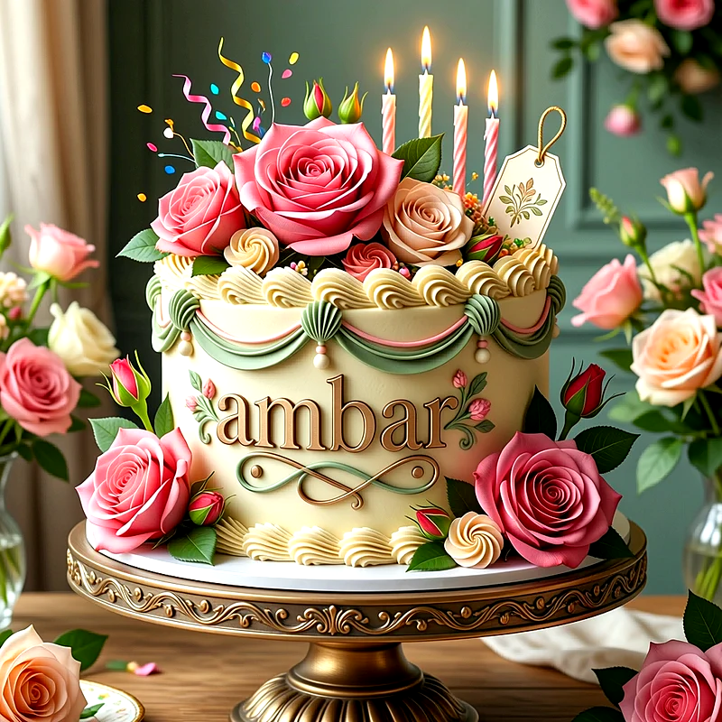 Tarta de cumpleaños de color crema decorada con rosas rosas y velas encendidas, con el nombre Ambar escrito en chocolate dorado.