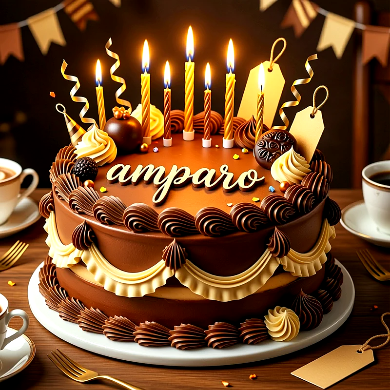 Tarta de cumpleaños de chocolate de dos pisos con velas doradas y crema de vainilla, con el nombre Amparo escrito en letras blancas.