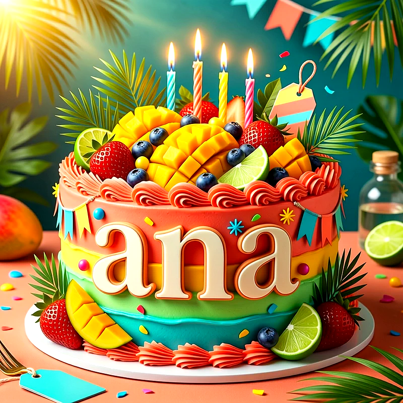 Tarta de cumpleaños de colores con mango, fresas y uvas, velas de colores encendidas y el nombre Ana en letras blancas grandes al frente.