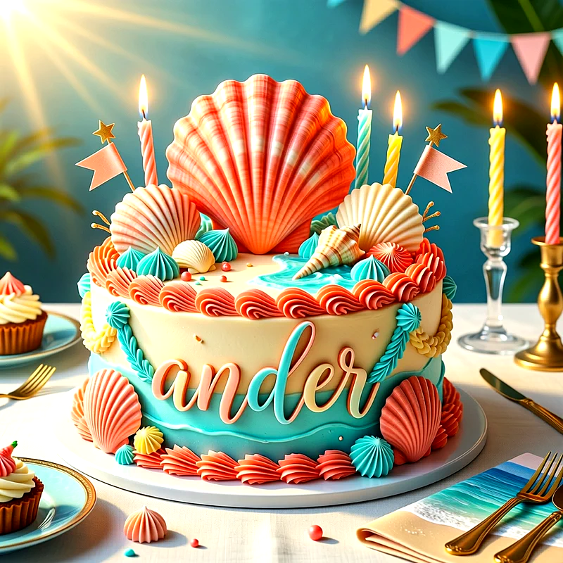 Tarta de cumpleaños de colores turquesa y coral con decoración de conchas marinas y velas encendidas, con el nombre Ander escrito al frente en letras elegantes.