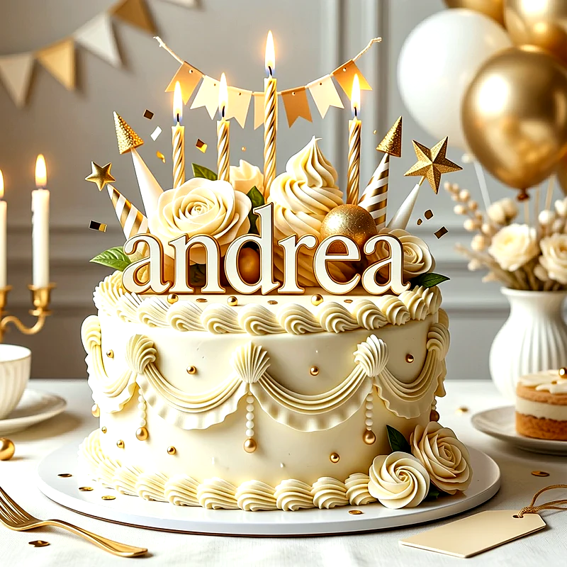 Tarta de cumpleaños blanca con detalles dorados, rosas y velas encendidas, con el nombre Andrea escrito en letras doradas al frente.