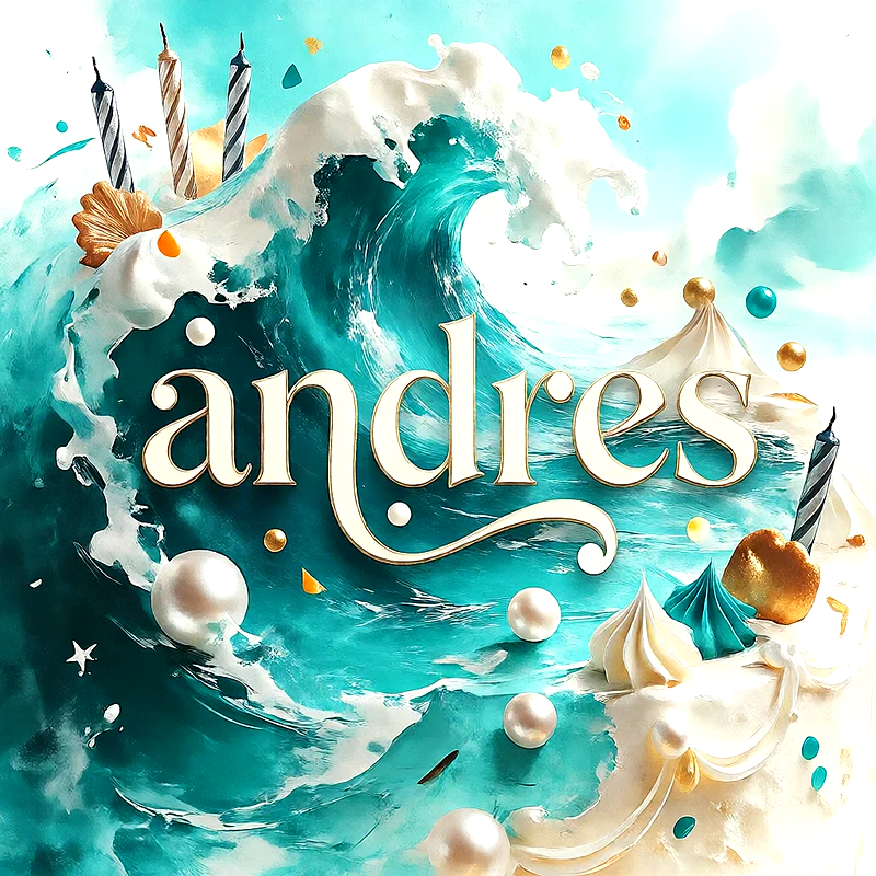 Tarta de cumpleaños de color azul turquesa con velas rayadas, perlas blancas y detalles dorados, con el nombre Andres escrito en letras elegantes.