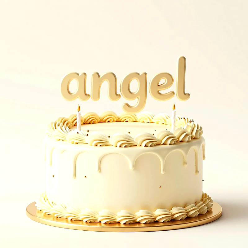 Tarta de cumpleaños de color vainilla con glaseado cremoso, dos velas encendidas y el nombre Angel en letras doradas arriba.