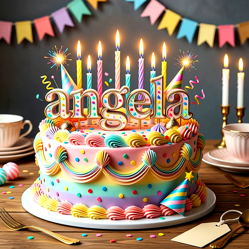 Tarta de cumpleaños multicolor infantil con velas encendidas, confeti y el nombre Angela colocado en letras decoradas.