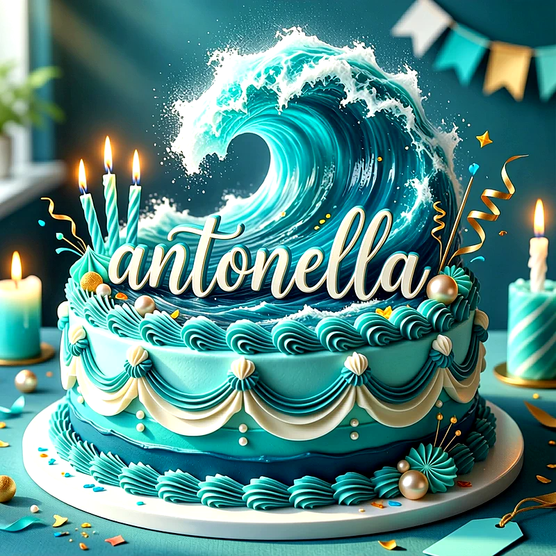Tarta de cumpleaños azul con olas de mar, velas de colores y estrellas doradas, con el nombre Antonella escrito en letras blancas al frente.