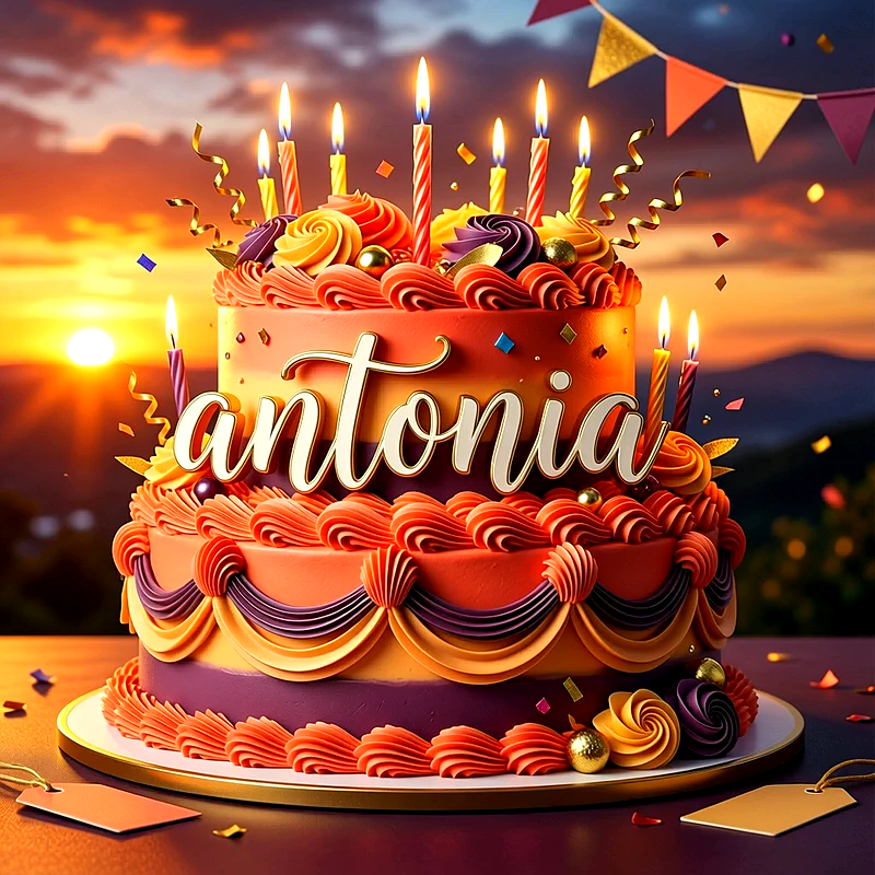 Tarta de cumpleaños de dos pisos decorada en tonos naranja y morado con velas encendidas y el nombre Antonia al frente.