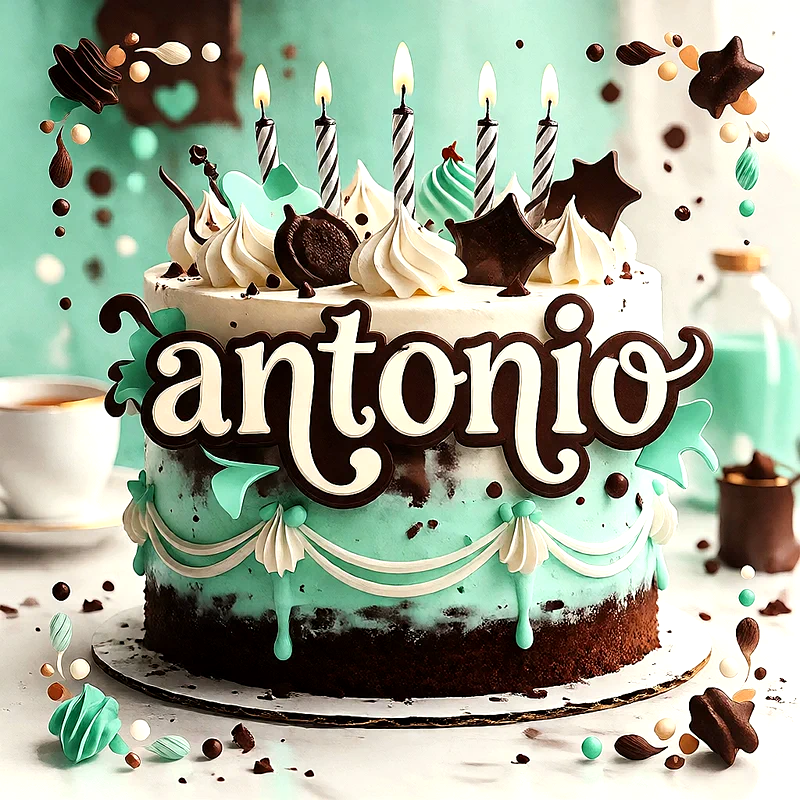 Tarta de cumpleaños blanca y verde menta con base de chocolate, velas encendidas, merengues y el nombre Antonio al frente.