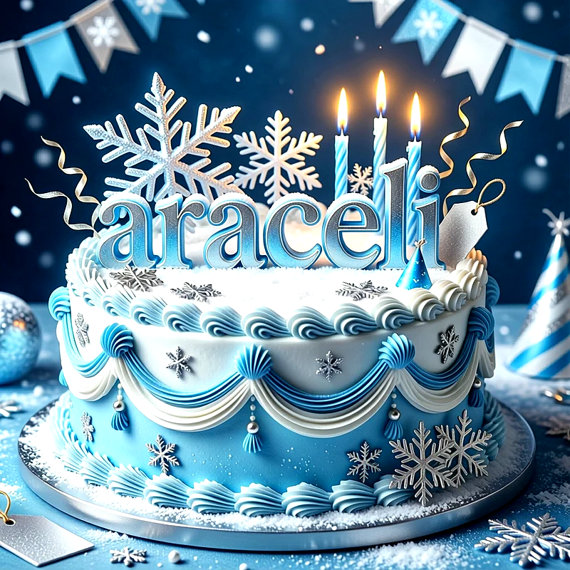 Tarta de cumpleaños de color azul con copos de nieve plateados y velas encendidas, con el nombre Araceli escrito en letras grandes y brillantes sobre la superficie.
