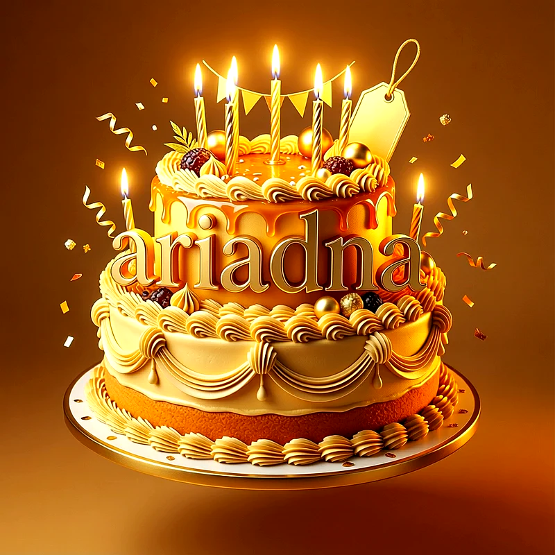 Tarta de cumpleaños dorada de dos pisos con velas encendidas, guirnaldas de crema y el nombre Ariadna en letras tridimensionales.
