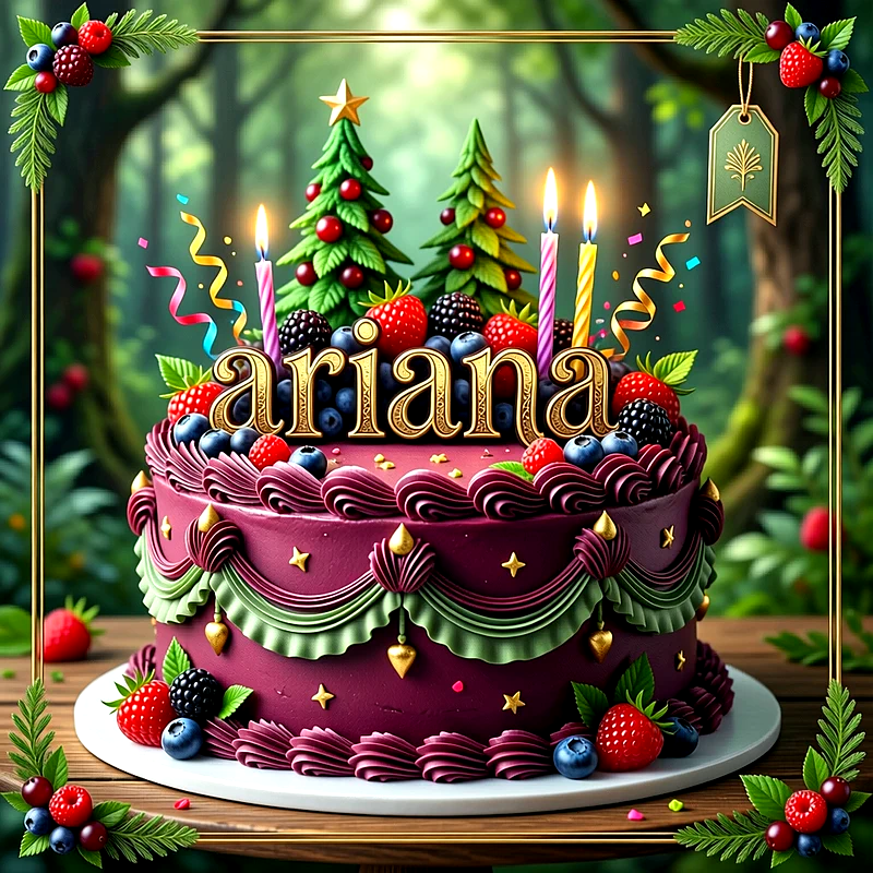 Tarta de cumpleaños morada decorada con frutos del bosque, pequeños árboles verdes, velas encendidas y el nombre Ariana al frente.