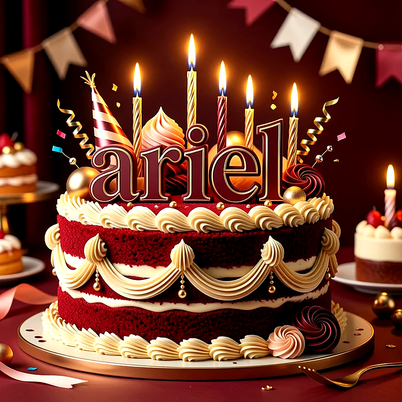 Tarta de cumpleaños de dos pisos de color rojo intenso con crema blanca y detalles dorados, con el nombre Ariel escrito en letras grandes y centelleantes en la parte superior.