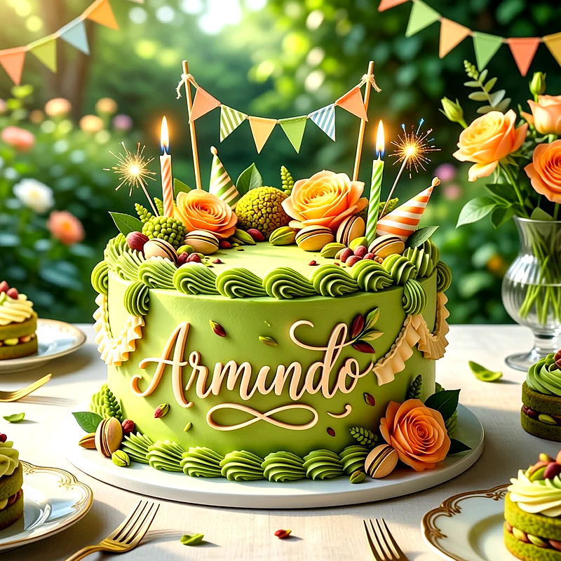 Tarta de cumpleaños de color verde decorada con flores narajadas, macarons, guirnaldas y velas encendidas, con el nombre Armando escrito en el frente.