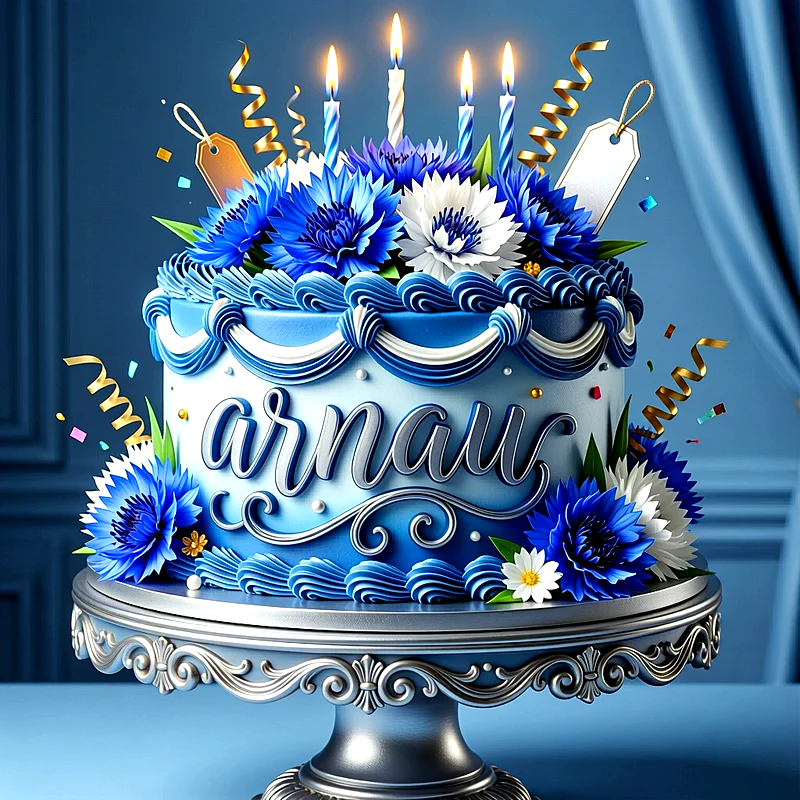Tarta de cumpleaños azul y blanca con flores, velas encendidas y serpentinas doradas con el nombre Arnau escrito al frente.