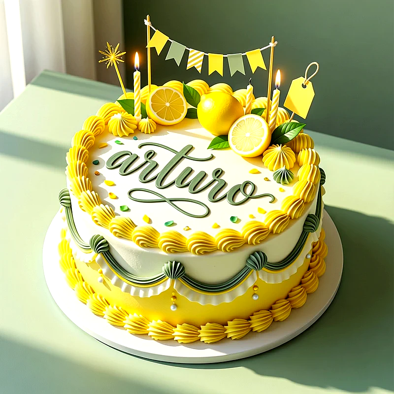 Tarta de cumpleaños blanca y amarilla decorada con limones, velas encendidas, banderines y el nombre Arturo escrito con letras verdes en el centro.