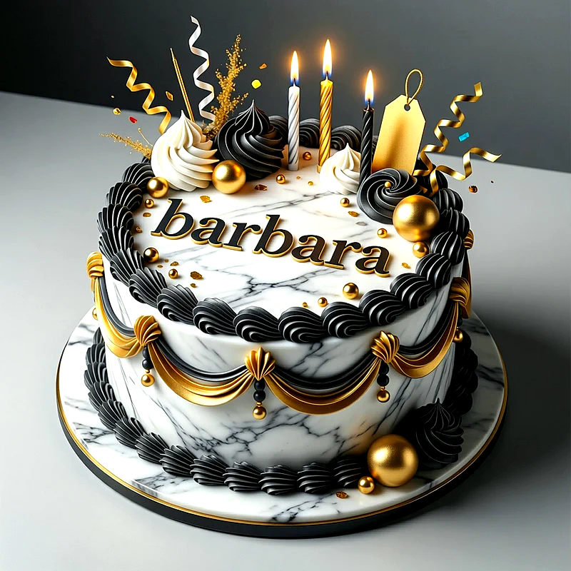 Tarta de cumpleaños con diseño de mármol blanco, decorada con detalles en negro y oro, velas encendidas, cintas doradas y el nombre Barbara escrito en la parte superior.