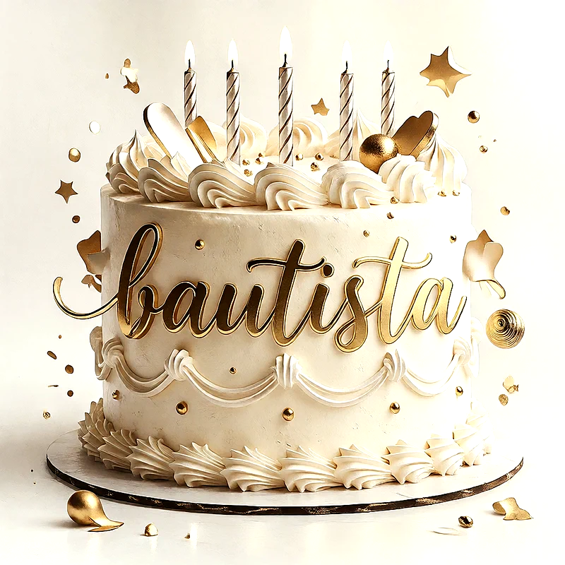 Tarta de cumpleaños blanca y dorada con velas encendidas, decorada con estrellas doradas y el nombre Bautista escrito en letras de oro.