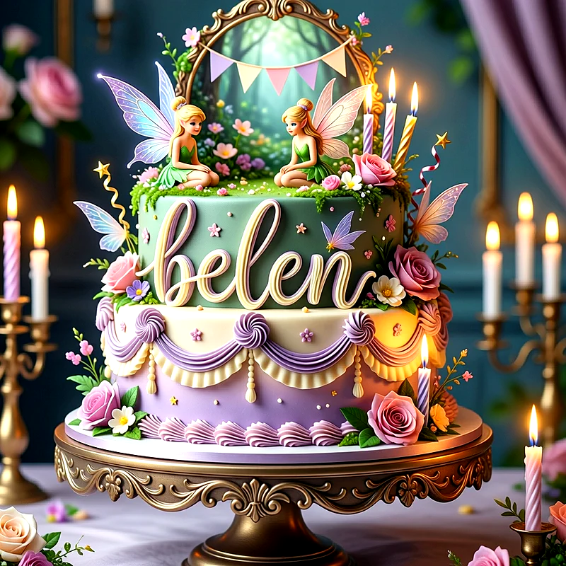 Tarta de cumpleaños de dos pisos en tonos verdes y morados, decorada con dos hadas pequeñas, flores, velas encendidas y el nombre Belen escrito en letras grandes al frente.