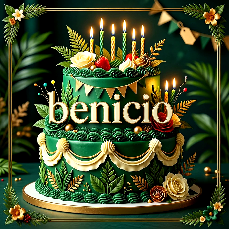 Tarta de cumpleaños verde de dos pisos decorada con hojas doradas, rosas y velas encendidas, con el nombre Benicio.