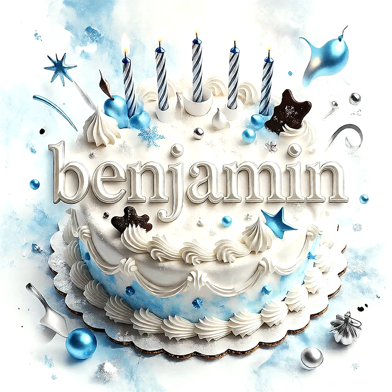 Tarta de cumpleaños blanca y azul con velas de rayas, estrellas metálicas y copos de nieve, con el nombre Benjamin escrito en letras plateadas.