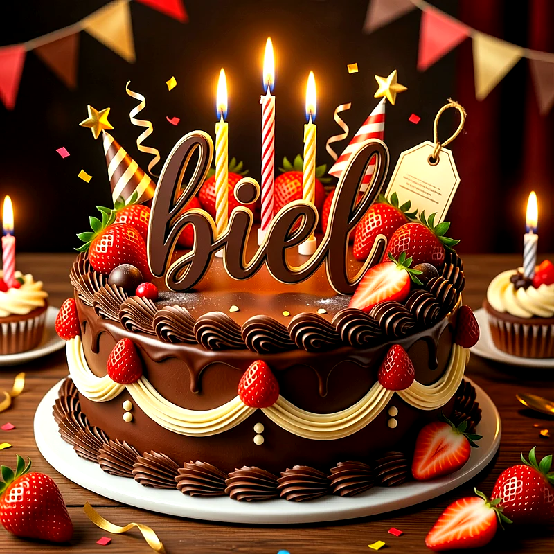 Tarta de cumpleaños de chocolate decorada con fresas frescas, velas encendidas y un letrero de chocolate con el nombre Biel.