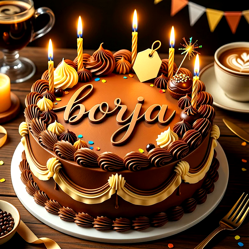 Tarta de cumpleaños de chocolate con velas encendidas, rosetones de nata y el nombre Borja escrito en la parte superior.