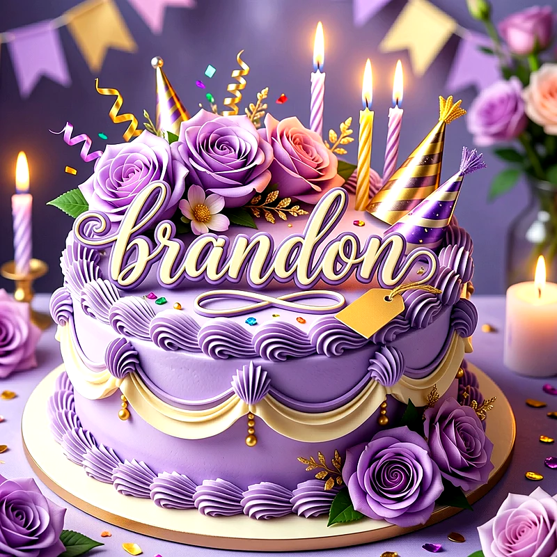 Tarta de cumpleaños lila decorada con rosas moradas, velas encendidas, pequeños gorros de fiesta y el nombre Brandon escrito al frente en letras doradas.