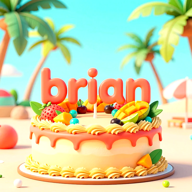 Tarta de cumpleaños con temática tropical, decorada con fresas, mango y cerezas frescas sobre una base de crema, con el nombre Brian escrito en letras grandes naranjas.