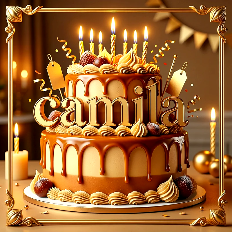 Tarta de cumpleaños de dos pisos dorada y caramelo con velas encendidas, serpentinas y el nombre Camila escrito al frente.