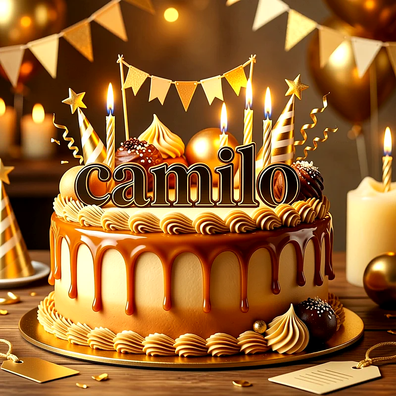 Tarta de cumpleaños dorada con caramelo, velas encendidas, banderines y el nombre Camilo escrito en letras oscuras en la parte superior.
