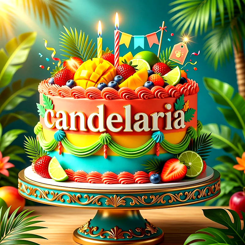 Tarta de cumpleaños colorida decorada con frutas frescas como fresas y mango, velas encendidas y hojas tropicales, con el nombre Candelaria escrito en el centro.