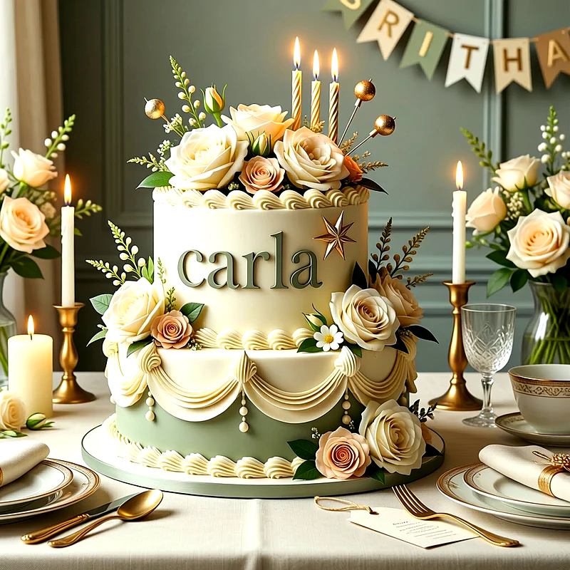 Tarta de cumpleaños elegante de dos pisos en tonos verde y crema, decorada con rosas claras, velas encendidas y el nombre Carla escrito en el centro.
