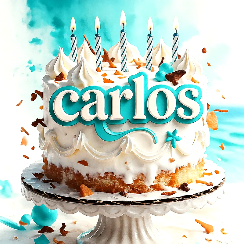 Tarta de cumpleaños blanca con crema decorada, velas encendidas en azul y blanco, y el nombre Carlos destacado en letras celestes.