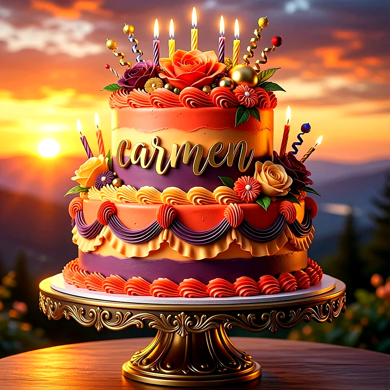 Tarta de dos pisos en tonos naranja y morado con flores, velas encendidas y el nombre Carmen escrito en letras doradas.